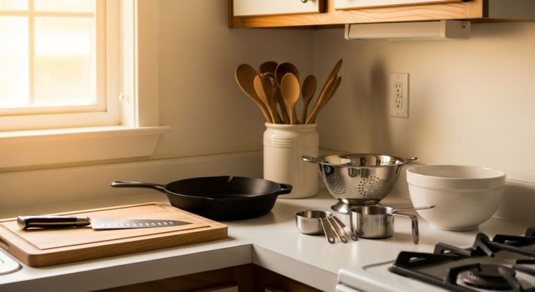 kitchen essentials for first apartment organized on counter with chef knife cutting board and cast iron skillet
