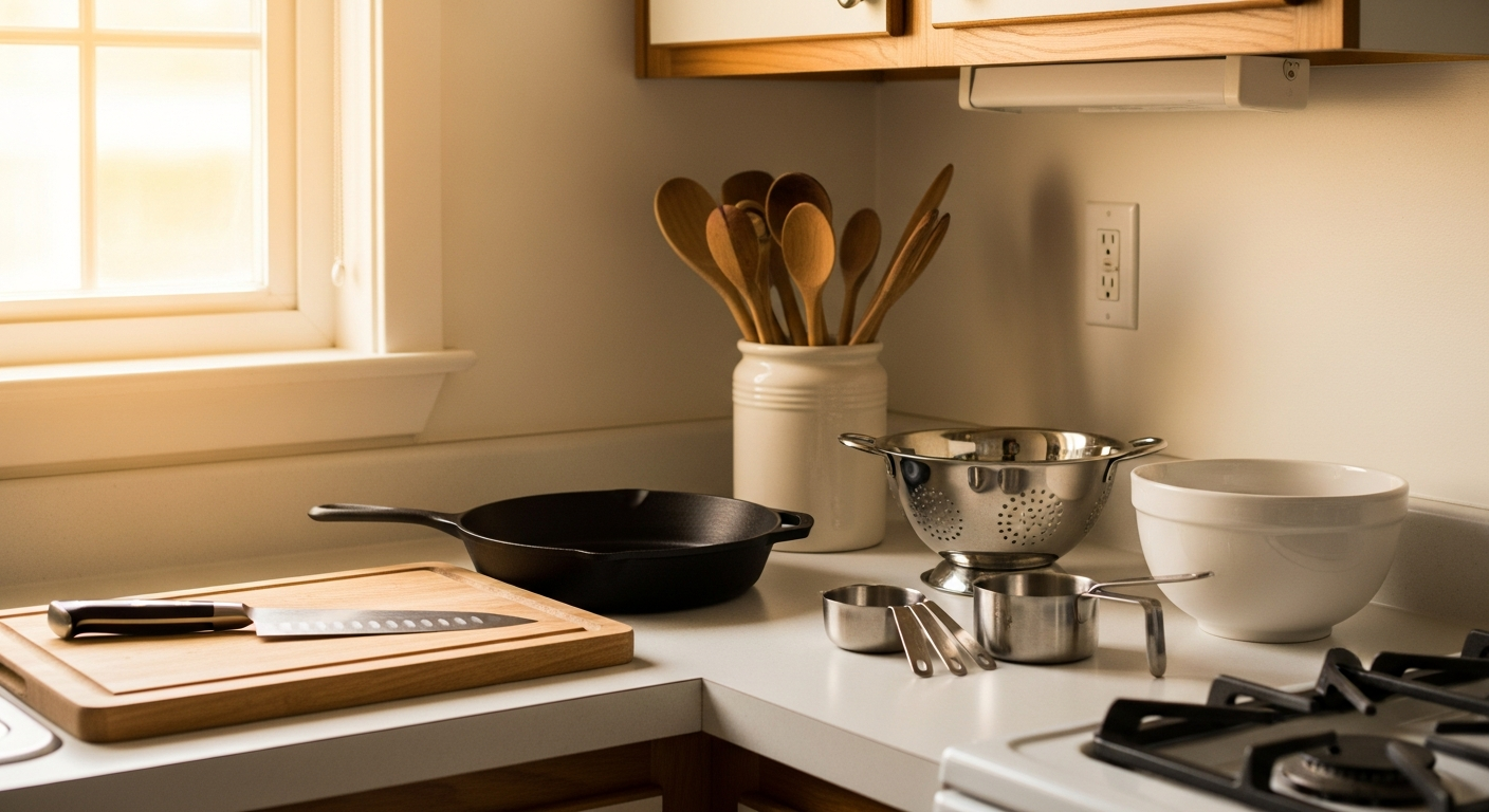 kitchen essentials for first apartment organized on counter with chef knife cutting board and cast iron skillet