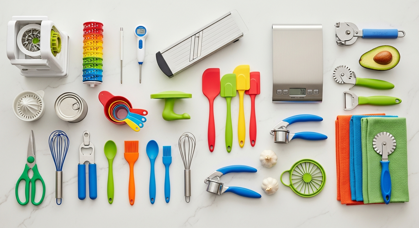 25 best kitchen gadgets that are actually worth buying flat-lay on marble countertop
