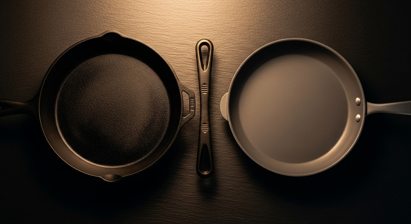 cast iron vs carbon steel skillet side by side comparison on dark slate surface