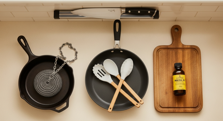 kitchen tool care guide showing cast iron skillet, chef knife, non-stick pan and cutting board on a countertop
