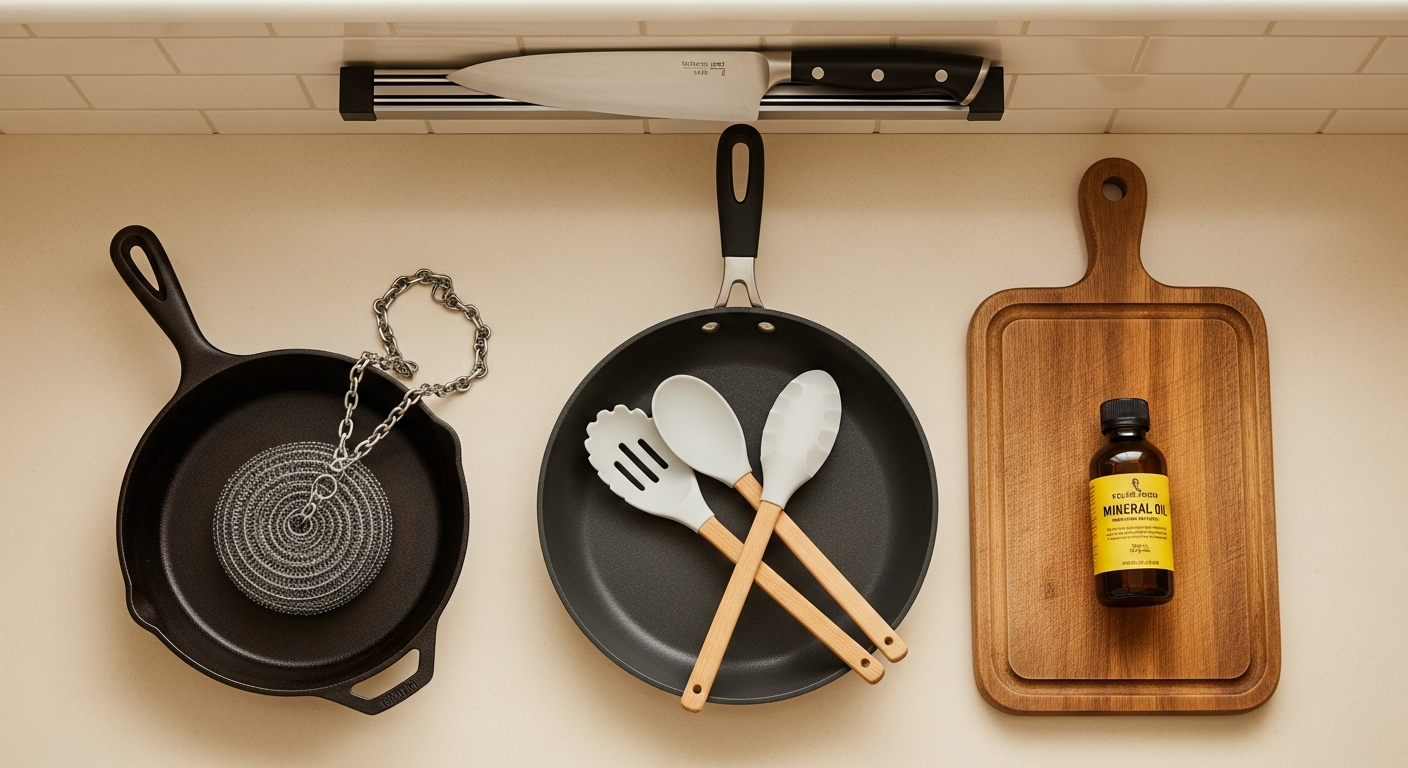 kitchen tool care guide showing cast iron skillet, chef knife, non-stick pan and cutting board on a countertop