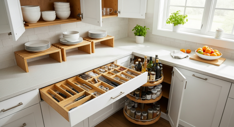kitchen organization ideas — organized cabinets with shelf risers, bamboo drawer dividers, and lazy susan turntable