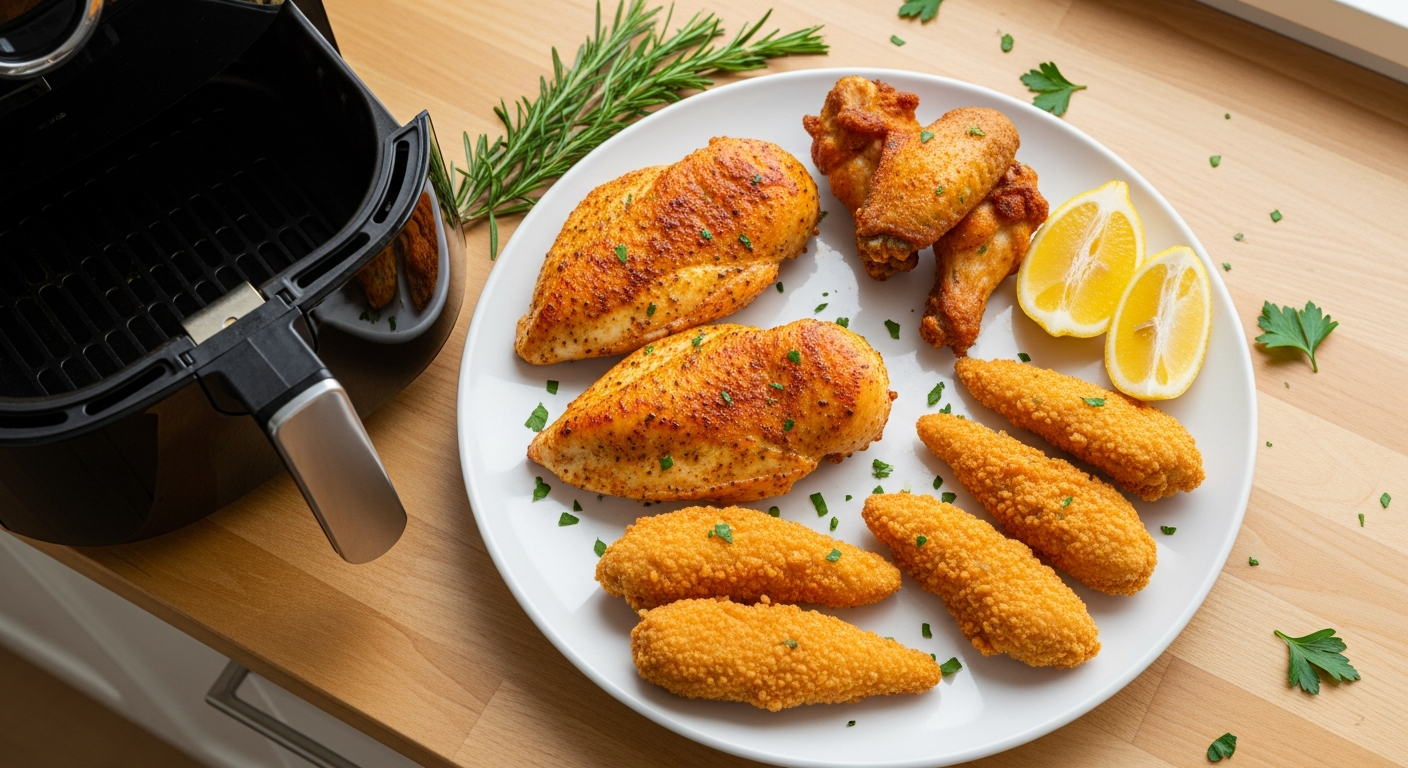 Golden crispy air fryer chicken breasts, wings, and tenders on a plate beside an air fryer basket