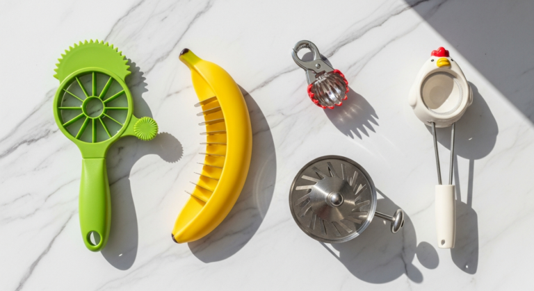 five overrated kitchen gadgets arranged on a marble counter including avocado slicer banana slicer and strawberry huller