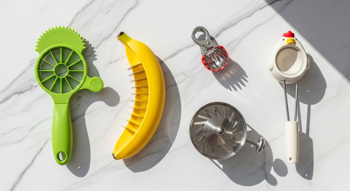 five overrated kitchen gadgets arranged on a marble counter including avocado slicer banana slicer and strawberry huller