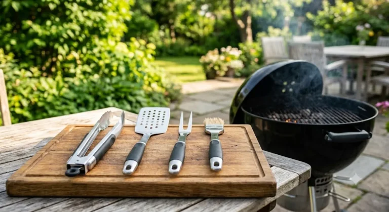 Stainless steel BBQ grilling tool set with tongs, spatula, fork and brush laid out beside a charcoal grill on a backyard patio