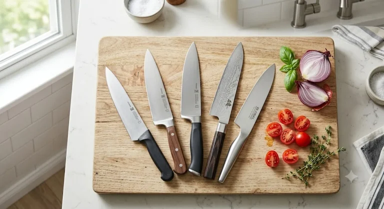 Five chef's knives under $100 fanned out on a wooden cutting board with tomatoes, onion, and herbs in a bright kitchen