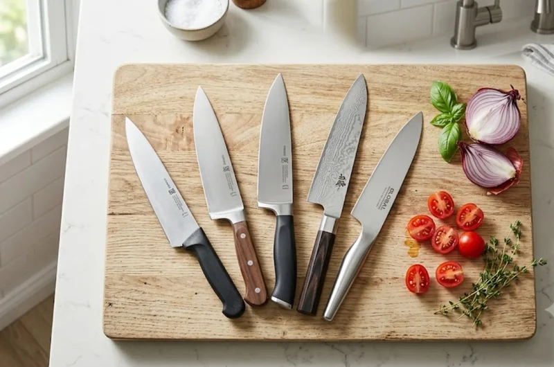 Five chef's knives under $100 fanned out on a wooden cutting board with tomatoes, onion, and herbs in a bright kitchen