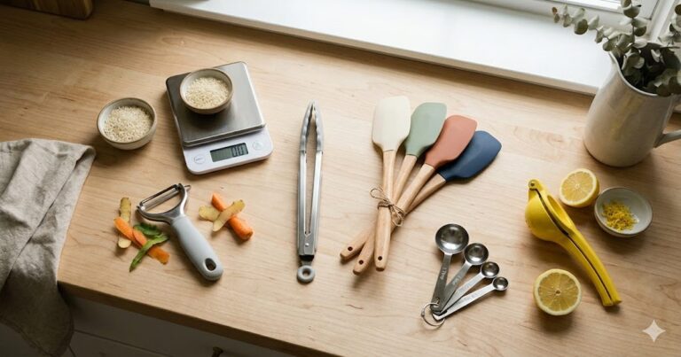 Affordable everyday kitchen gadgets under $30 arranged on a light wood countertop