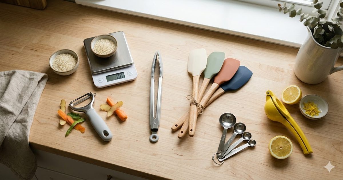 Affordable everyday kitchen gadgets under $30 arranged on a light wood countertop