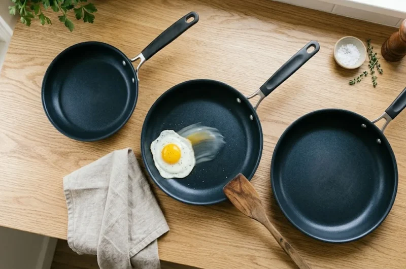 Three non-stick frying pans on a wood countertop with an egg sliding across one pan