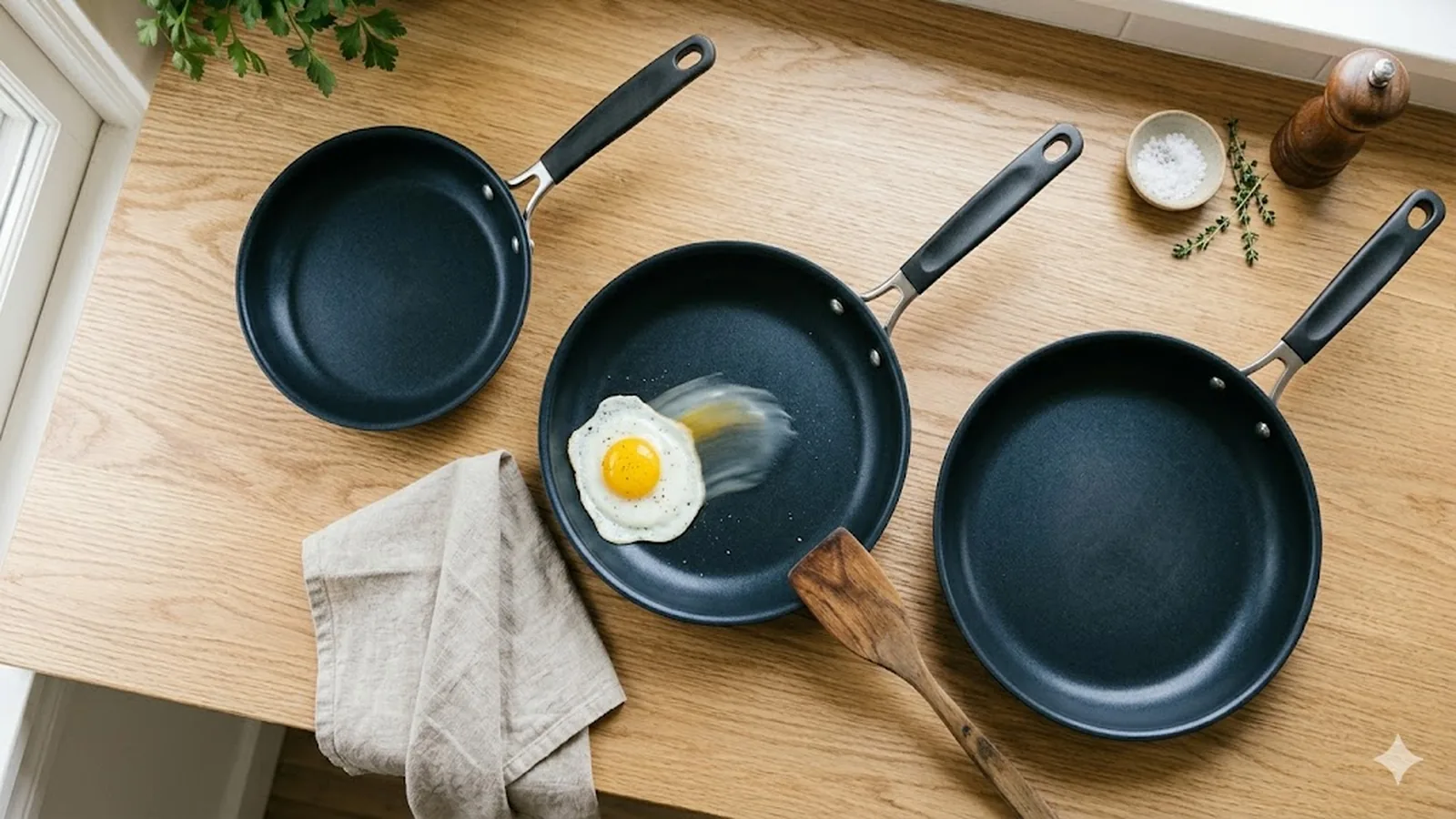 Three non-stick frying pans on a wood countertop with an egg sliding across one pan