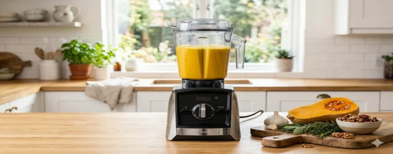 High-performance countertop blender making butternut squash soup on a bright kitchen counter