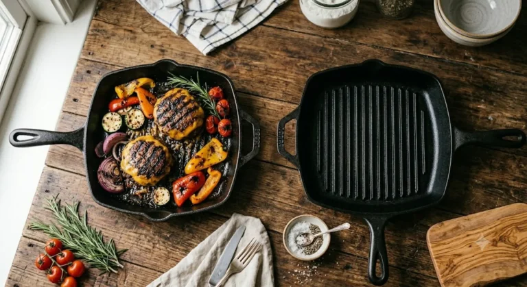 Cast iron grill pans with seared burgers and grilled vegetables on a wood counter
