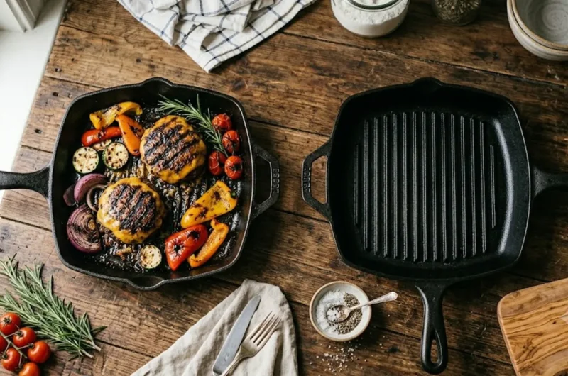 Cast iron grill pans with seared burgers and grilled vegetables on a wood counter