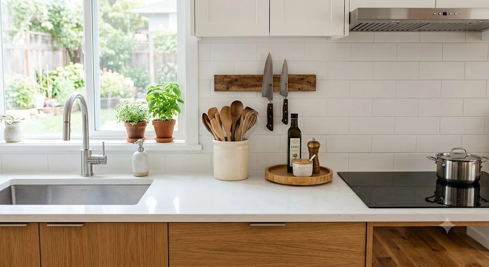 Organized kitchen counter using the one-zone method with a utensil crock, turntable, and wall-mounted knife strip