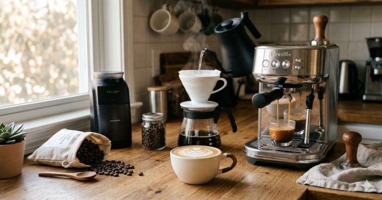 Home barista coffee station with espresso machine, pour-over dripper, gooseneck kettle, whole coffee beans, and a latte-art cup on a wooden counter