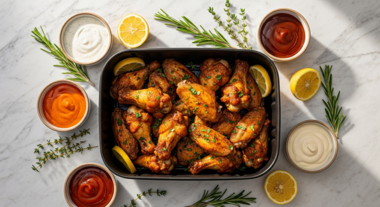 air fryer recipes for beginners — crispy chicken wings with dipping sauces