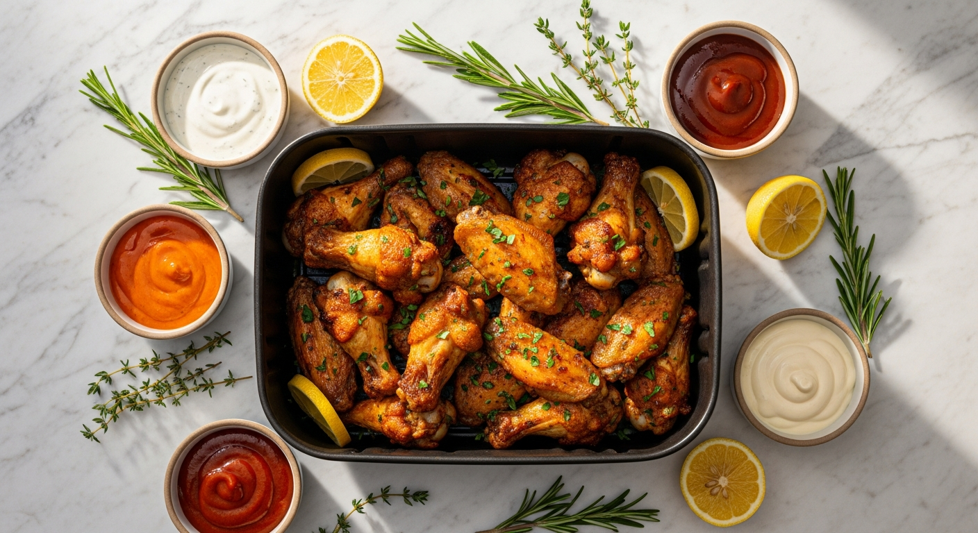 air fryer recipes for beginners — crispy chicken wings with dipping sauces