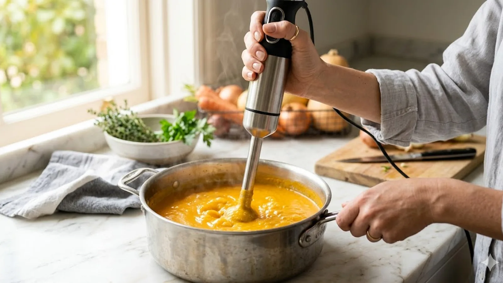 Stainless steel immersion hand blender pureeing roasted vegetable soup in a saucepan on a marble countertop