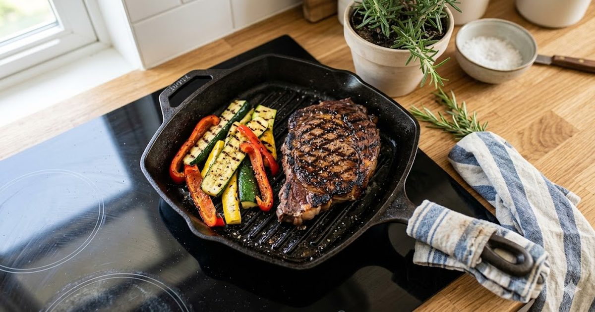 cast iron grill pan on an indoor stovetop searing steak and vegetables with grill marks