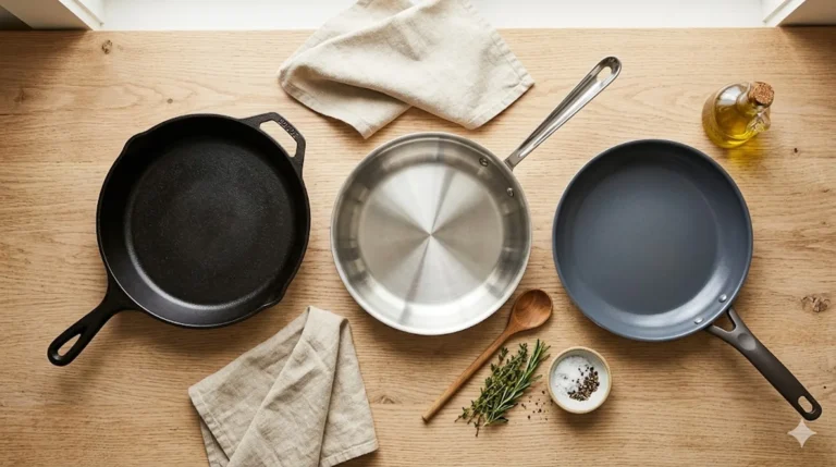 Cast iron, stainless steel, and non-stick pans arranged on a light wood countertop