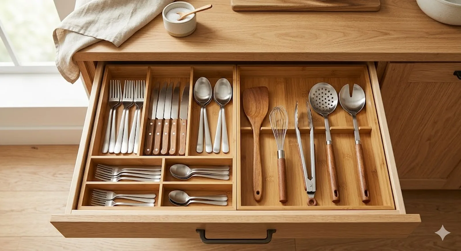 Organized kitchen drawer with bamboo organizers holding flatware and utensils