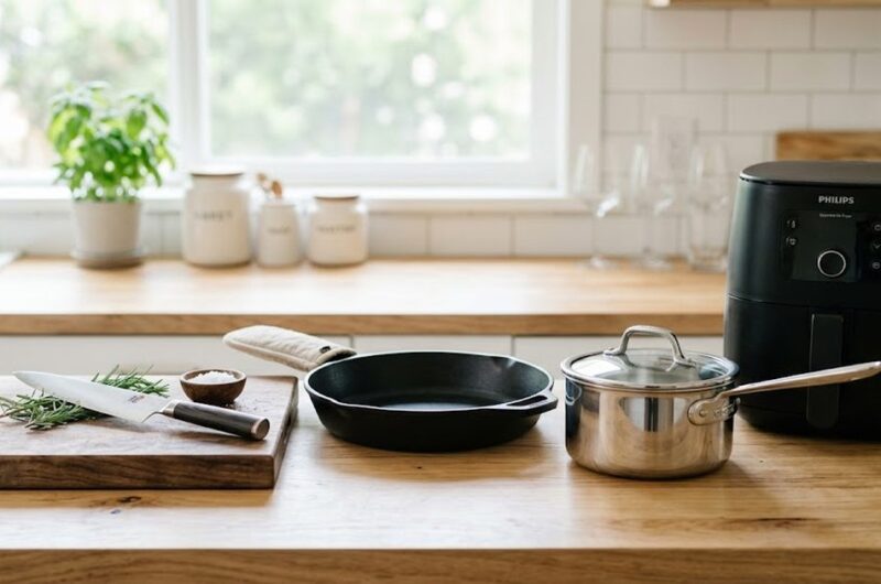 Upgraded kitchen tools on a counter: chef's knife, cast iron skillet, stainless saucepan, and air fryer