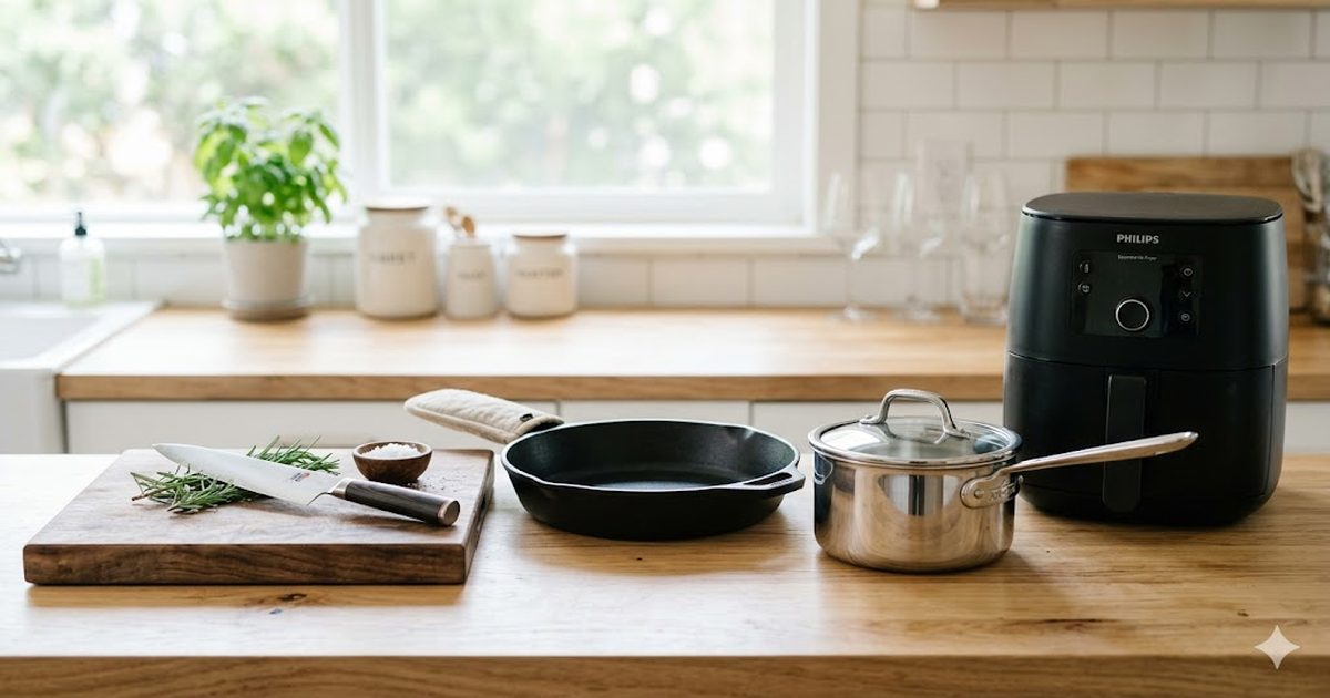 Upgraded kitchen tools on a counter: chef's knife, cast iron skillet, stainless saucepan, and air fryer