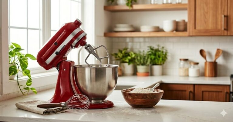is kitchenaid stand mixer worth it — KitchenAid Artisan on a kitchen counter with baking ingredients