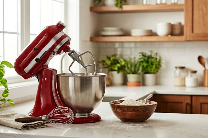 is kitchenaid stand mixer worth it — KitchenAid Artisan on a kitchen counter with baking ingredients