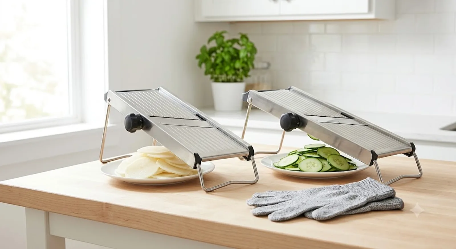 Kitchen mandoline slicers on a wood counter with thin potato and cucumber slices and cut-resistant gloves