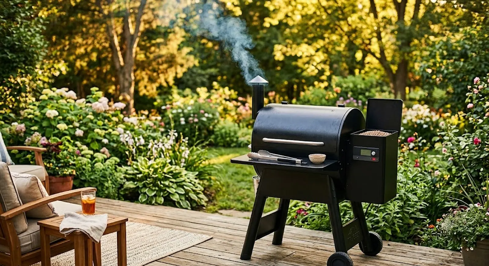 A black wood-pellet smoker on a backyard patio deck with light smoke rising on a summer afternoon