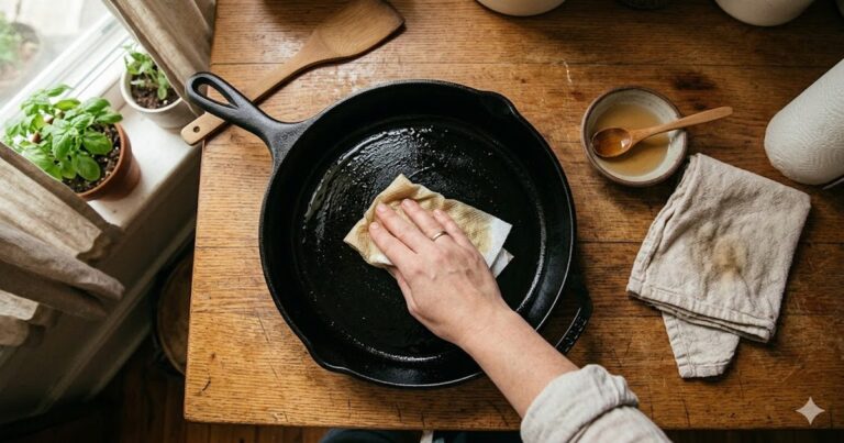 Hand rubbing a thin layer of oil onto a seasoned black cast iron skillet on a wooden counter