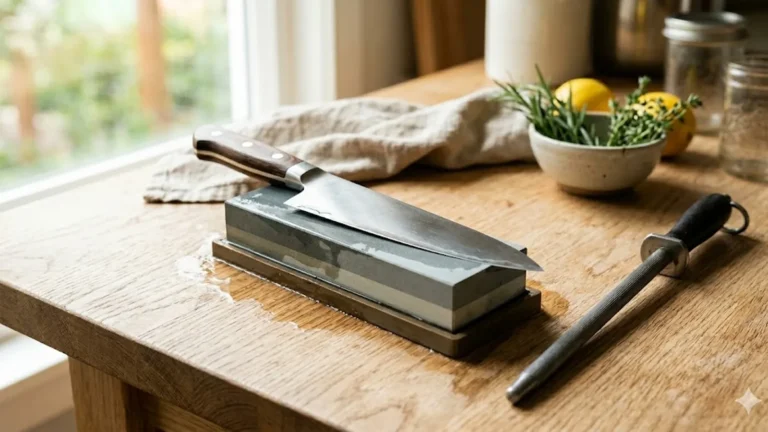 Chef's knife on a wet whetstone with a honing rod on a light wood kitchen counter