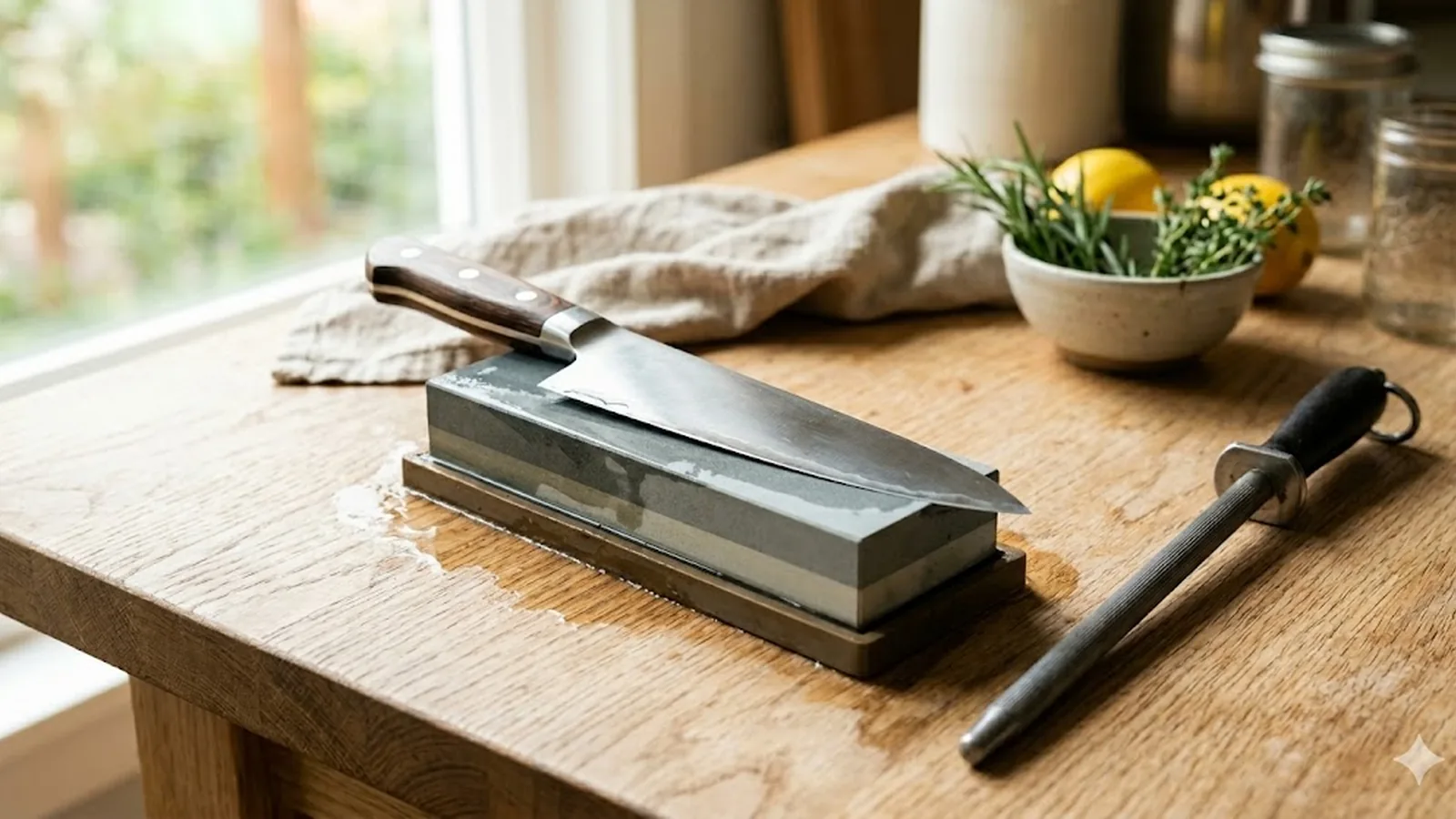 Chef's knife on a wet whetstone with a honing rod on a light wood kitchen counter