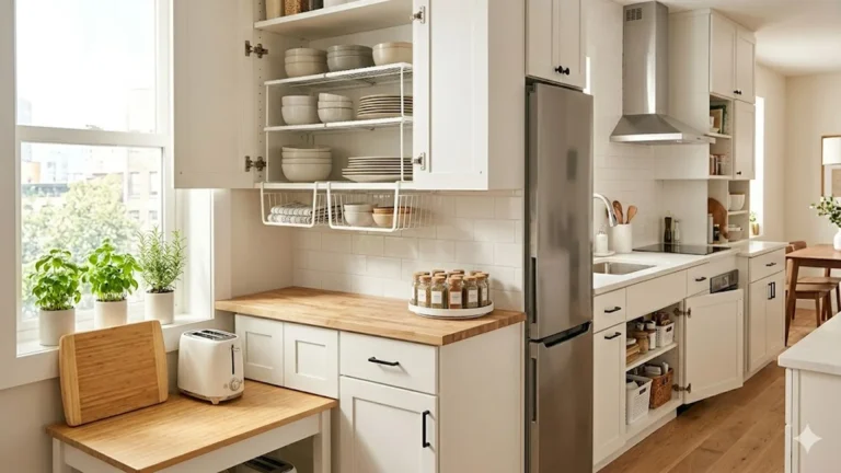 Small apartment kitchen organized with under-shelf baskets, cabinet shelf risers, a lazy Susan turntable, and magnetic fridge shelves