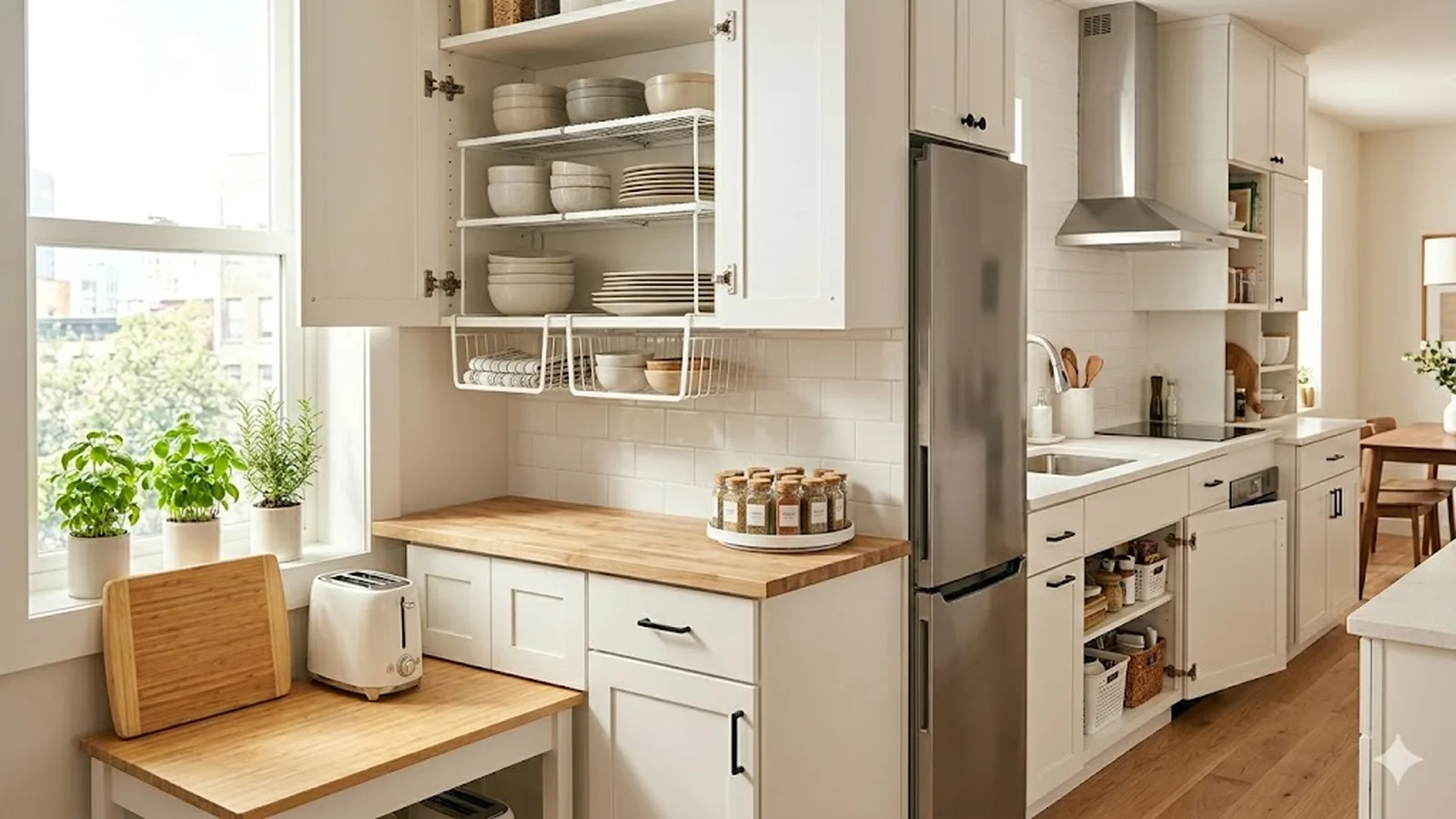 Small apartment kitchen organized with under-shelf baskets, cabinet shelf risers, a lazy Susan turntable, and magnetic fridge shelves