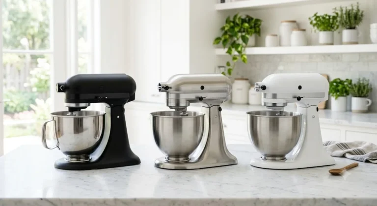 Row of three modern stand mixers in black, silver, and white on a marble kitchen countertop