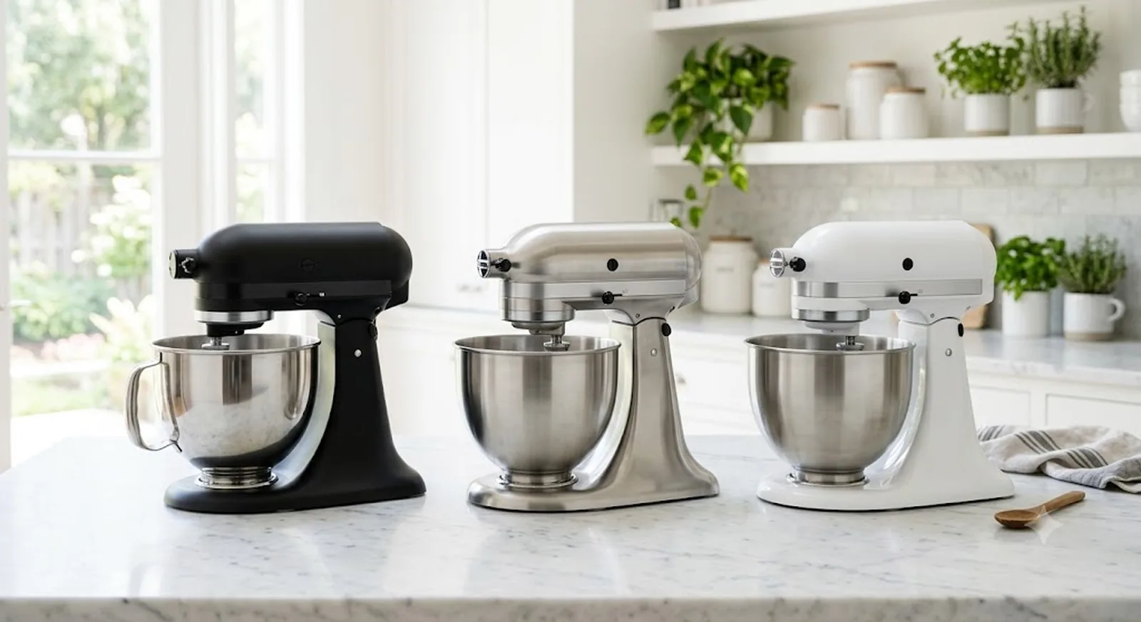Row of three modern stand mixers in black, silver, and white on a marble kitchen countertop