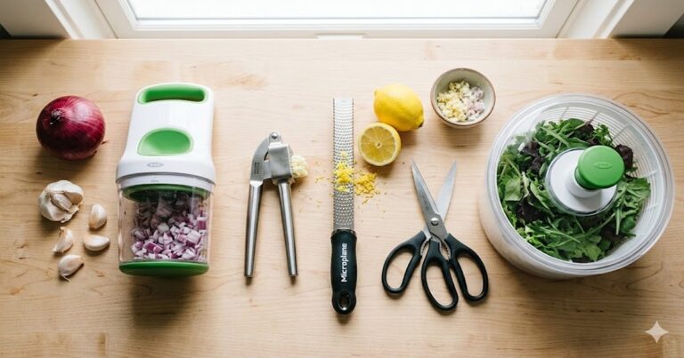 Time-saving kitchen gadgets including a vegetable chopper, garlic press, microplane zester, and kitchen shears on a wooden counter