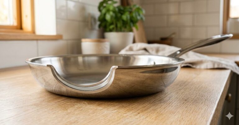 Cut-away cross-section of a tri-ply stainless steel pan showing the aluminum core between two stainless layers