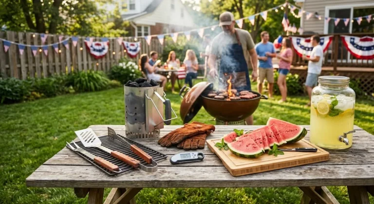 4th of July cookout checklist tools arranged on a backyard table with a grill