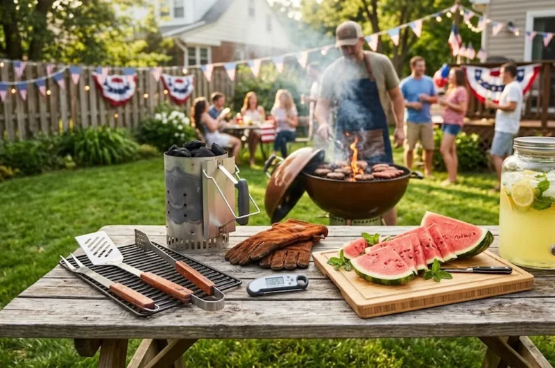 4th of July cookout checklist tools arranged on a backyard table with a grill