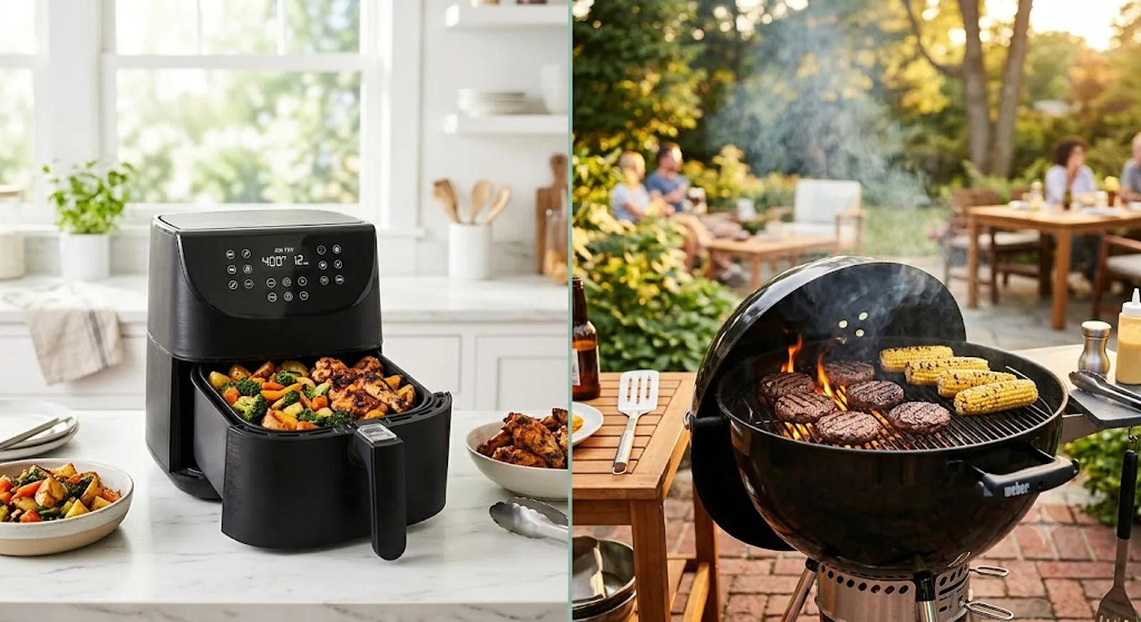 Split scene comparing a countertop air fryer indoors with a charcoal grill on a summer patio