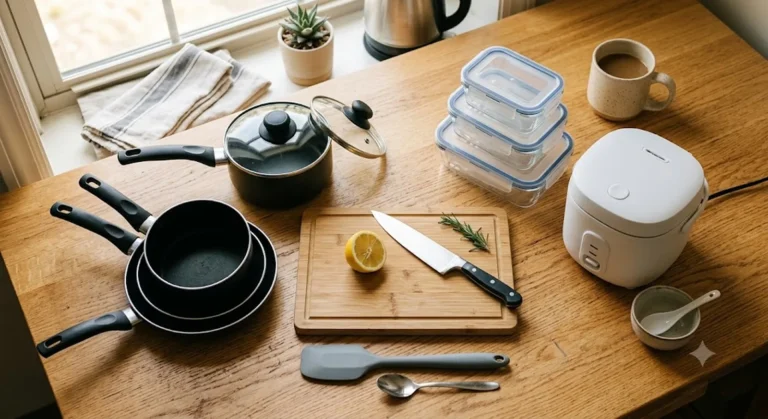 Compact back-to-college kitchen starter kit on a wood countertop: nonstick pots, chef's knife on a bamboo board, silicone spatula, glass storage containers, and a mini rice cooker