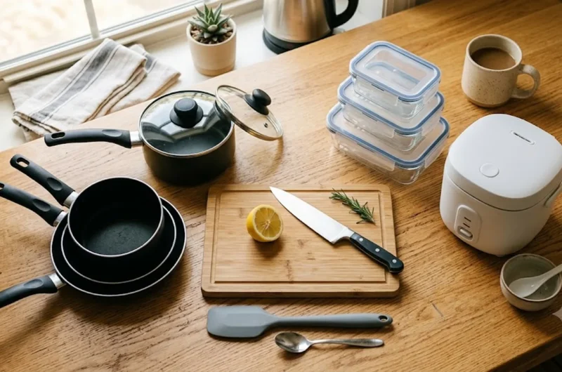 Compact back-to-college kitchen starter kit on a wood countertop: nonstick pots, chef's knife on a bamboo board, silicone spatula, glass storage containers, and a mini rice cooker