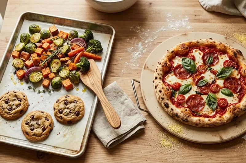 Aluminum baking sheet with roasted food beside a round pizza stone with fresh pizza