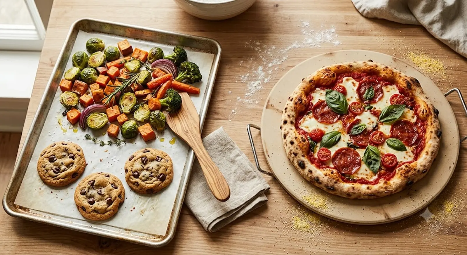 Aluminum baking sheet with roasted food beside a round pizza stone with fresh pizza